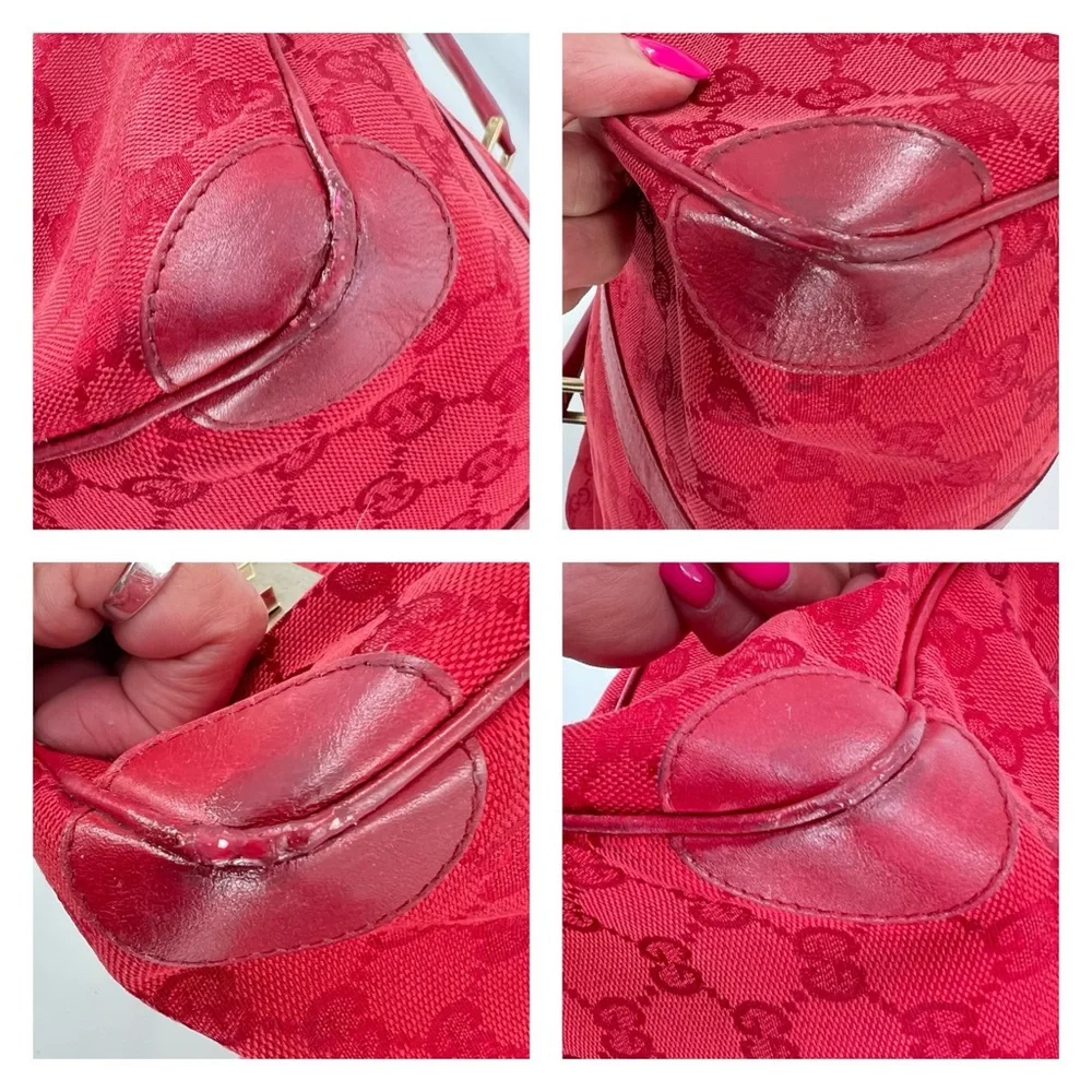 GUCCI GG Canvas Boston Bag, Red Jacquard Fabric, Red Leather Trim, Authentic